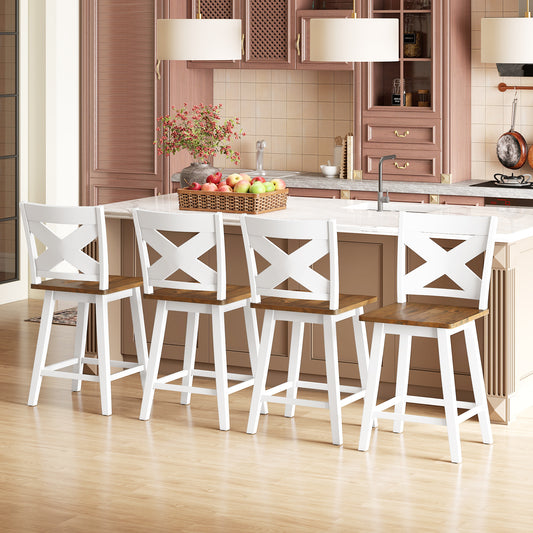 24" Rubberwood Swivel Barstools Set of 4 with Backrest and Large Seat, White