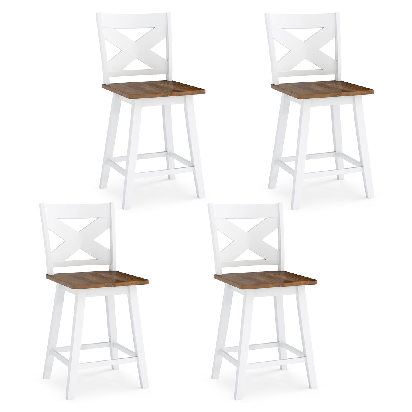 24" Rubberwood Swivel Barstools Set of 4 with Backrest and Large Seat, White