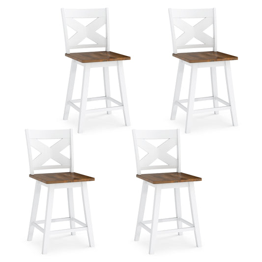 24" Rubberwood Swivel Barstools Set of 4 with Backrest and Large Seat, White