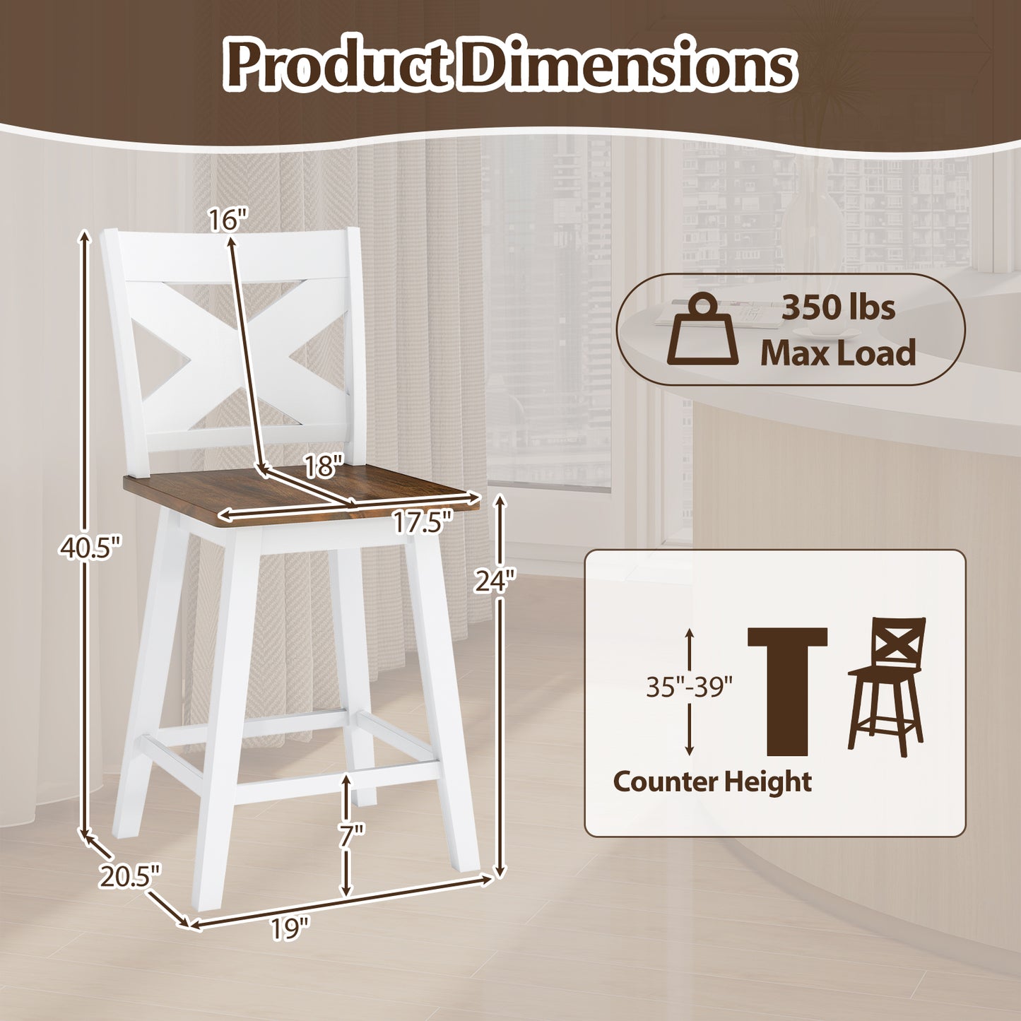 24" Rubberwood Swivel Barstools Set of 4 with Backrest and Large Seat, White