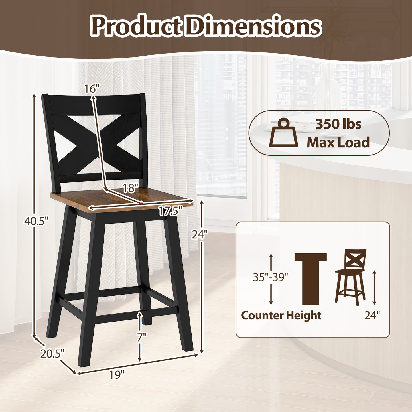 24" Rubberwood Swivel Barstools Set of 4 with Backrest and Large Seat, Black Bar Stools at Gallery Canada
