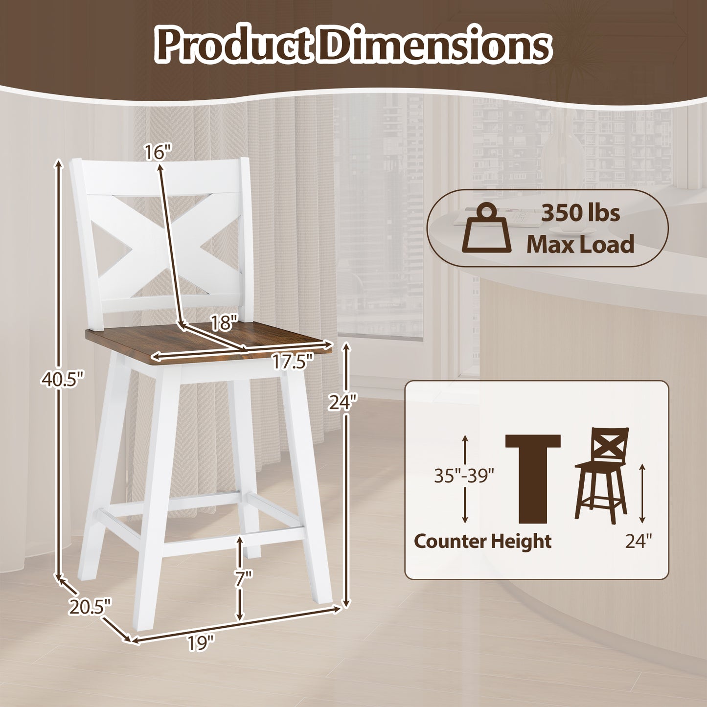 24" Rubberwood Swivel Barstools Set of 4 with Backrest and Large Seat, White Bar Stools at Gallery Canada