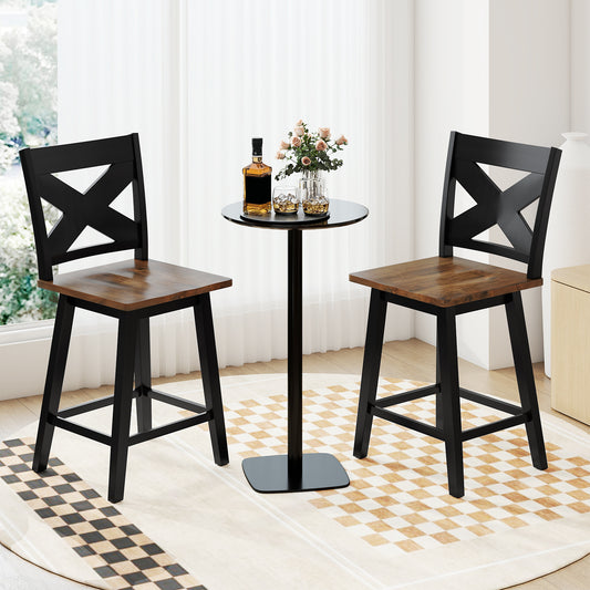 24" Rubberwood Swivel Barstools Set of 2 with Backrest and Large Seat, Black Bar Stools Black at Gallery Canada