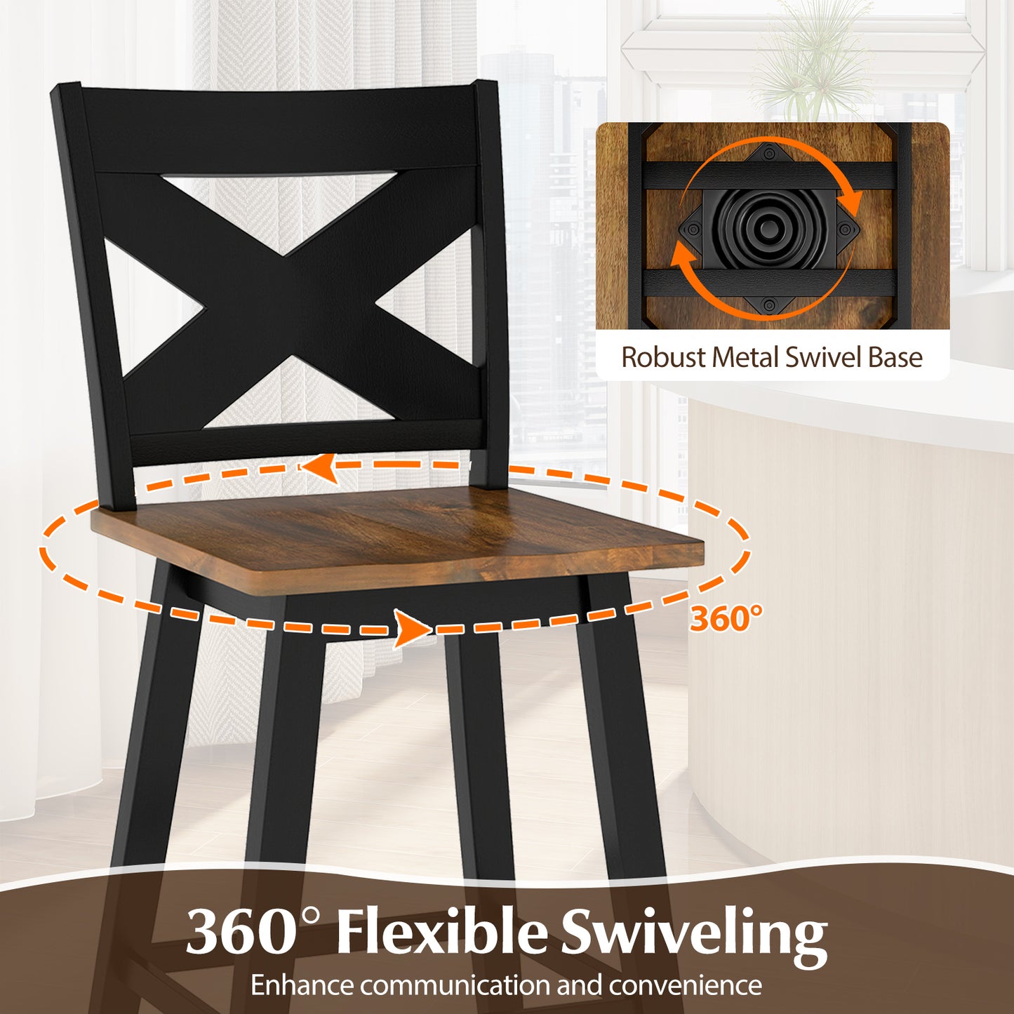 24" Rubberwood Swivel Barstools Set of 2 with Backrest and Large Seat, Black Bar Stools at Gallery Canada