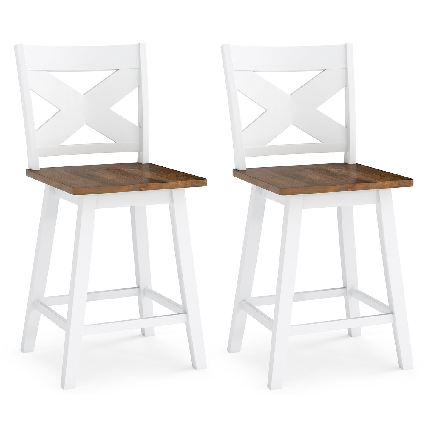 24" Rubberwood Swivel Barstools Set of 2 with Backrest and Large Seat, White Bar Stools White at Gallery Canada