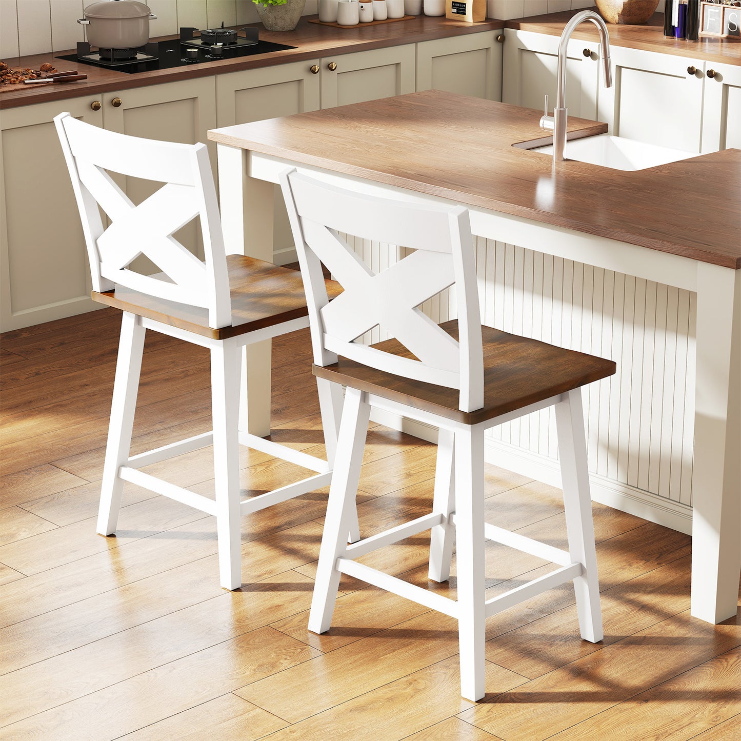 24" Rubberwood Swivel Barstools Set of 2 with Backrest and Large Seat, White Bar Stools at Gallery Canada