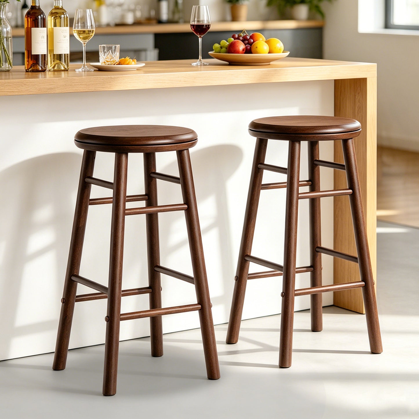 24" Swivel Bar Stools Set of 2 with Footrests, Walnut