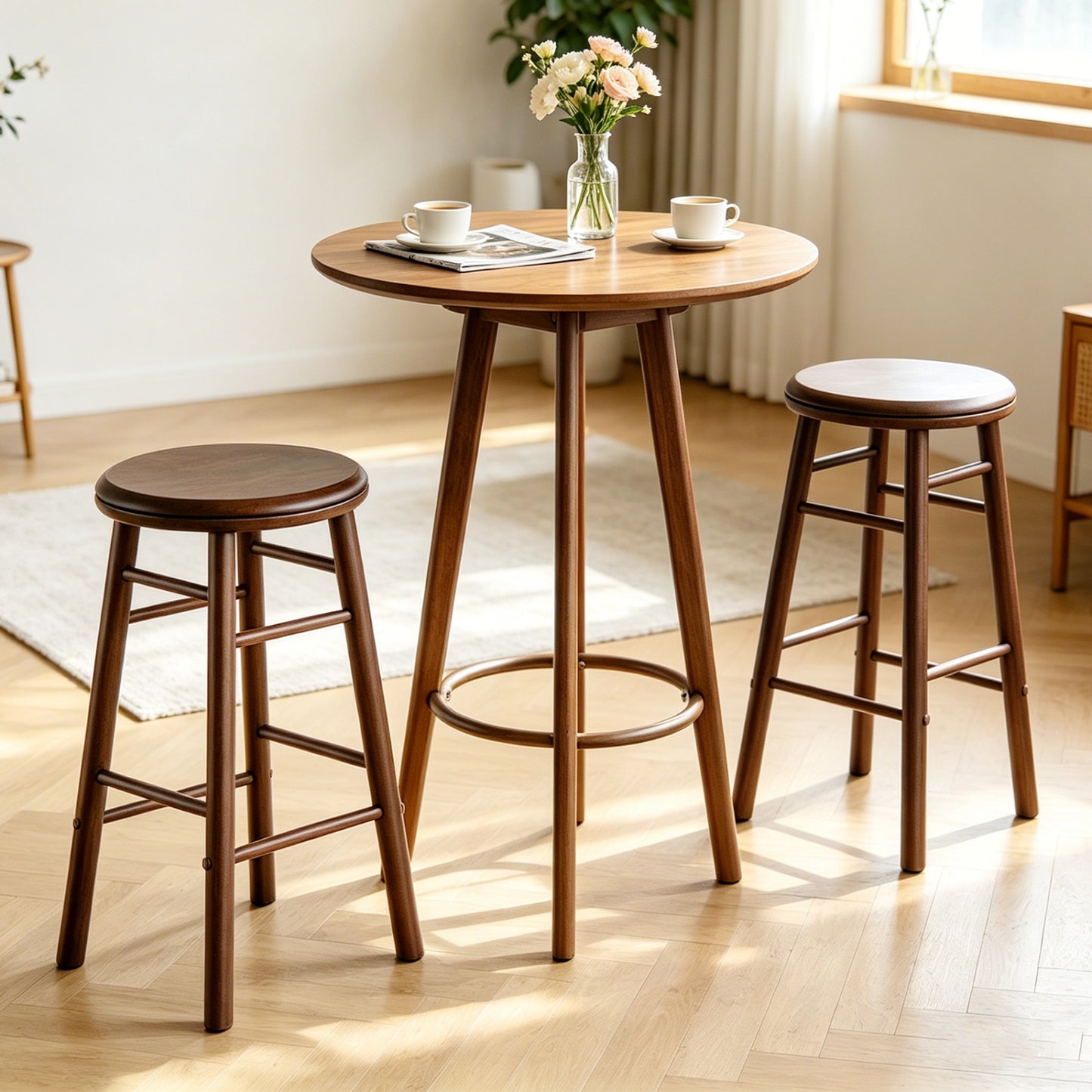 24" Swivel Bar Stools Set of 2 with Footrests, Walnut