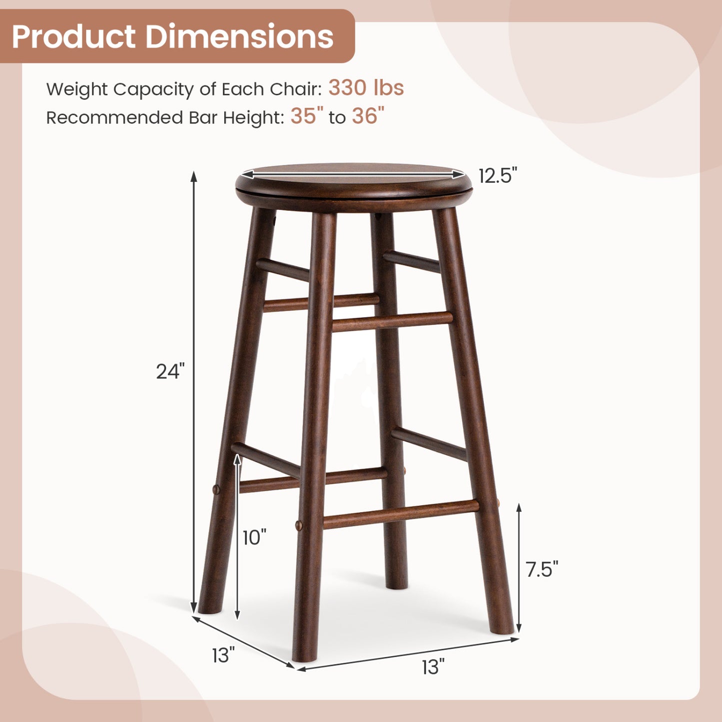 24" Swivel Bar Stools Set of 2 with Footrests, Walnut