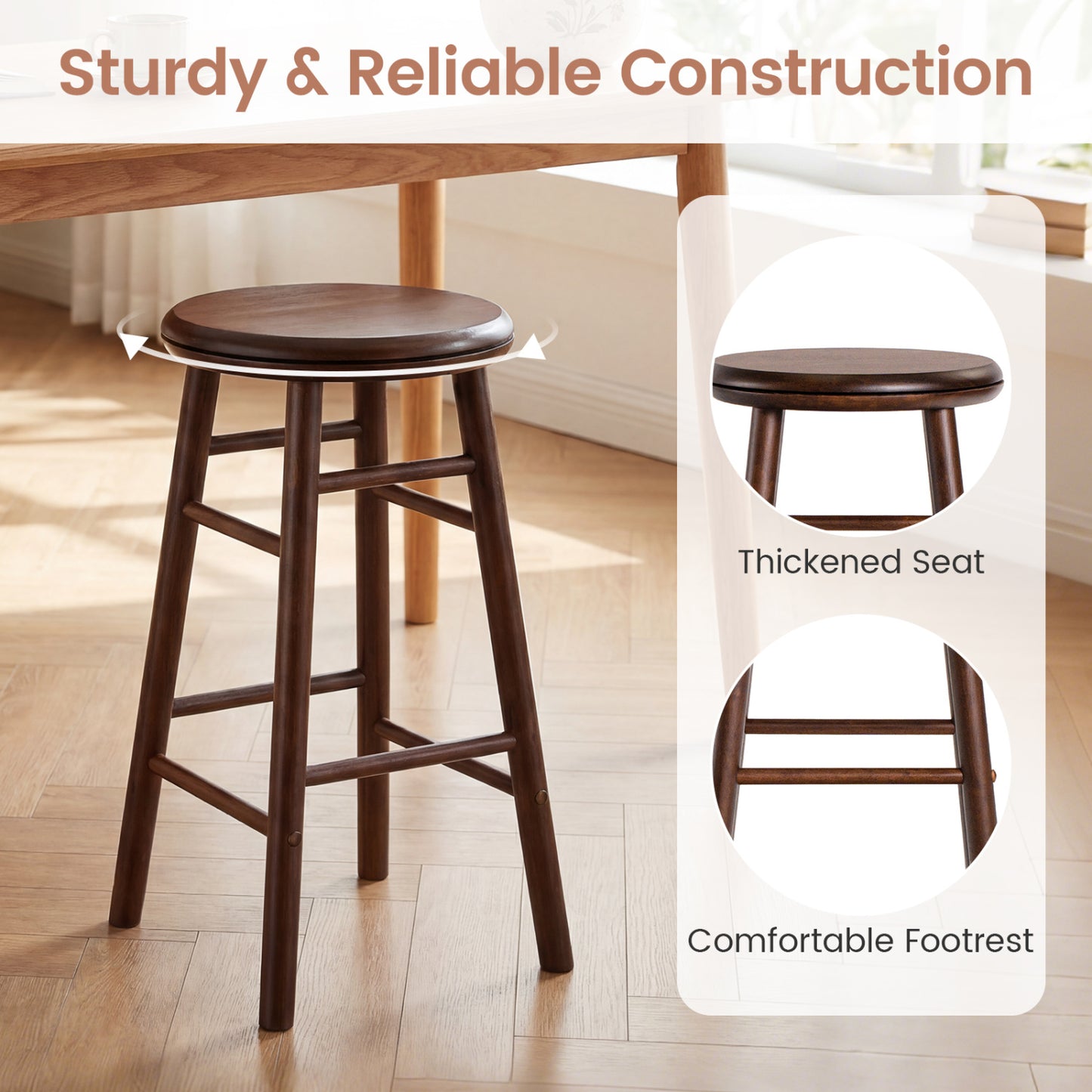 24" Swivel Bar Stools Set of 2 with Footrests, Walnut