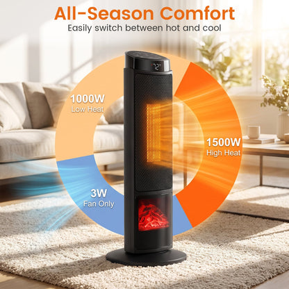 24 Inch 1500W PTC Ceramic Tower Heater, Black