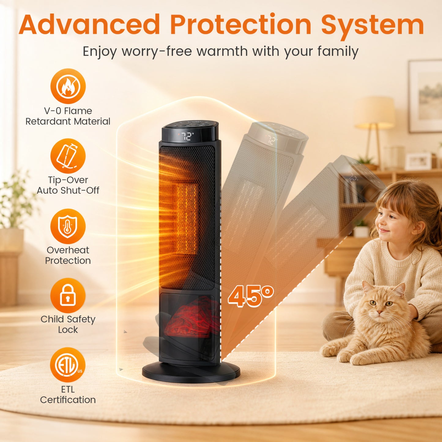 24 Inch 1500W PTC Ceramic Tower Heater, Black