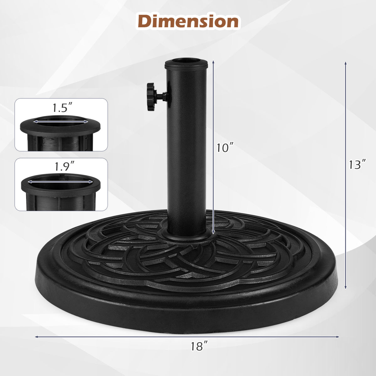 Base d'ombrelle ronde de 24 lbs, bouton réglable, 2 adaptateurs, noir