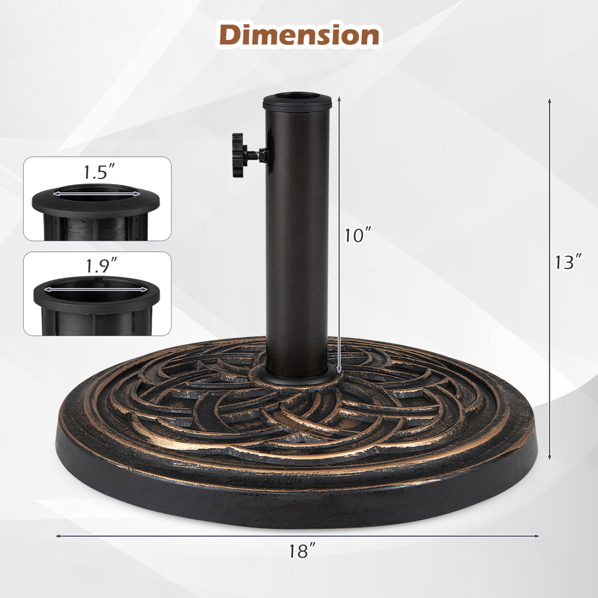 Base d'ombrelle ronde de 24 Lbs, bouton réglable, 2 adaptateurs, bronze