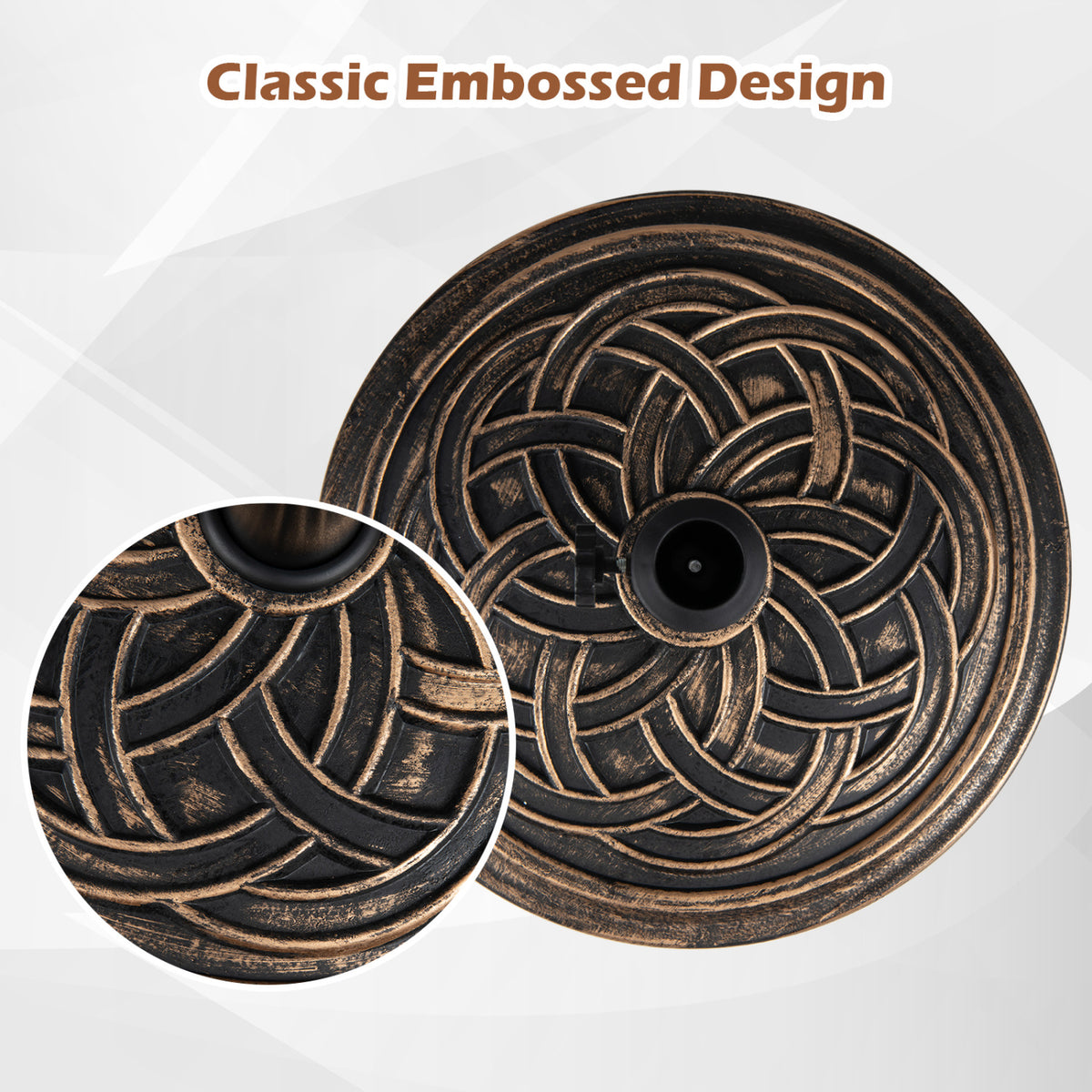 Base d'ombrelle ronde de 24 Lbs, bouton réglable, 2 adaptateurs, bronze