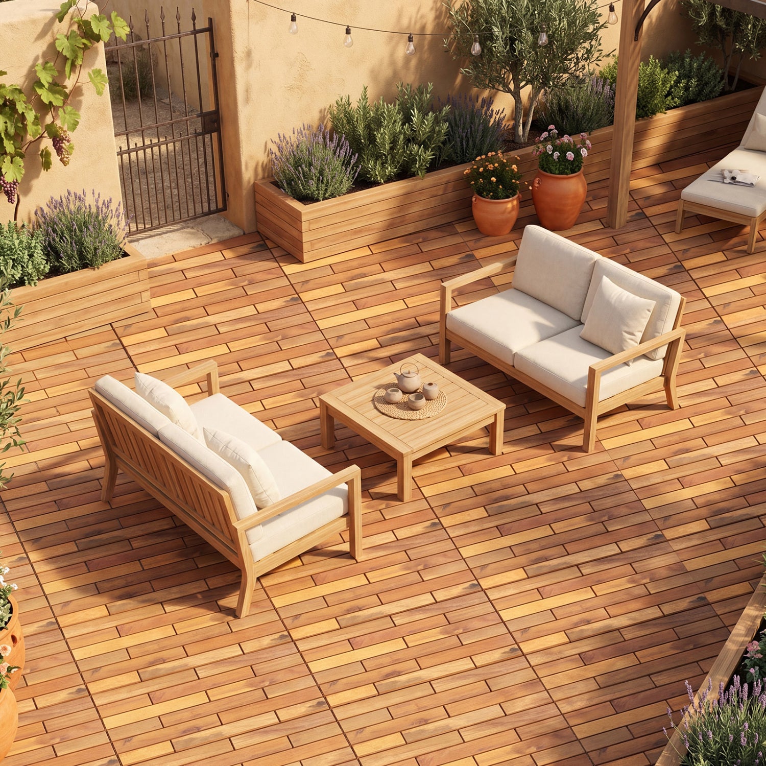 24 x 12 Inch 12 Pieces Acacia Wood Interlocking Deck Tiles with Waterproof Design, Natural Decorative Fencing & Flooring at Gallery Canada