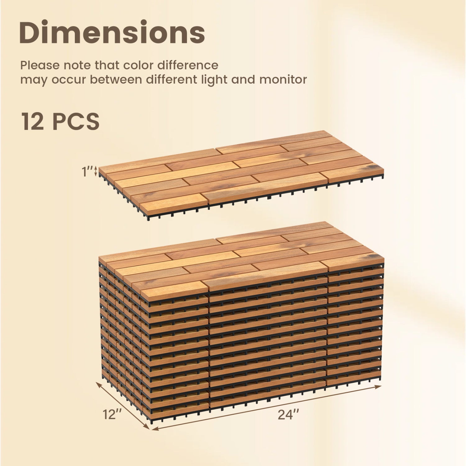 24 x 12 Inch 12 Pieces Acacia Wood Interlocking Deck Tiles with Waterproof Design, Natural Decorative Fencing & Flooring at Gallery Canada