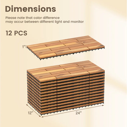 24 x 12 Inch 12 Pieces Acacia Wood Interlocking Deck Tiles with Waterproof Design, Natural Decorative Fencing & Flooring at Gallery Canada