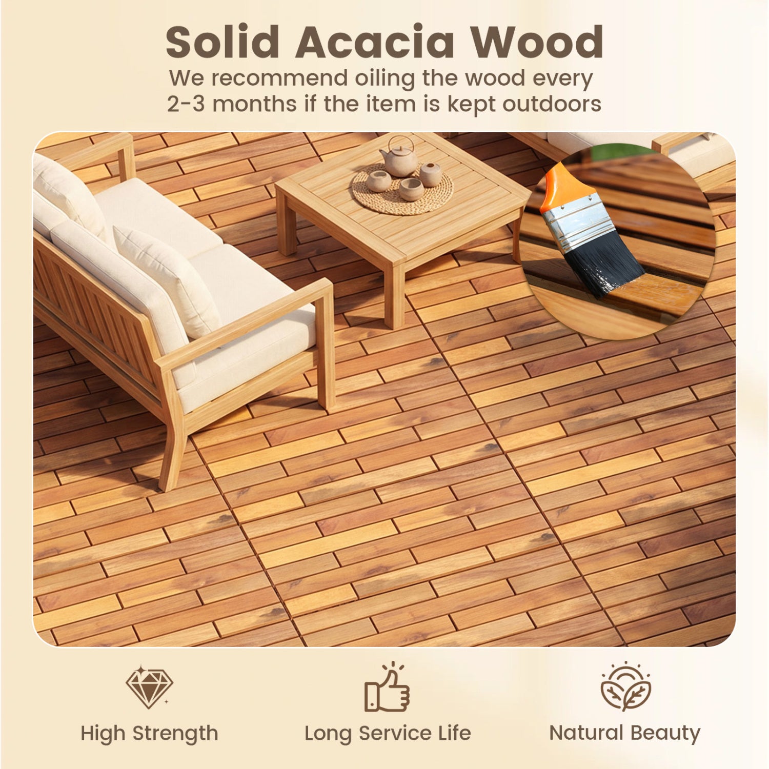24 x 12 Inch 12 Pieces Acacia Wood Interlocking Deck Tiles with Waterproof Design, Natural Decorative Fencing & Flooring at Gallery Canada
