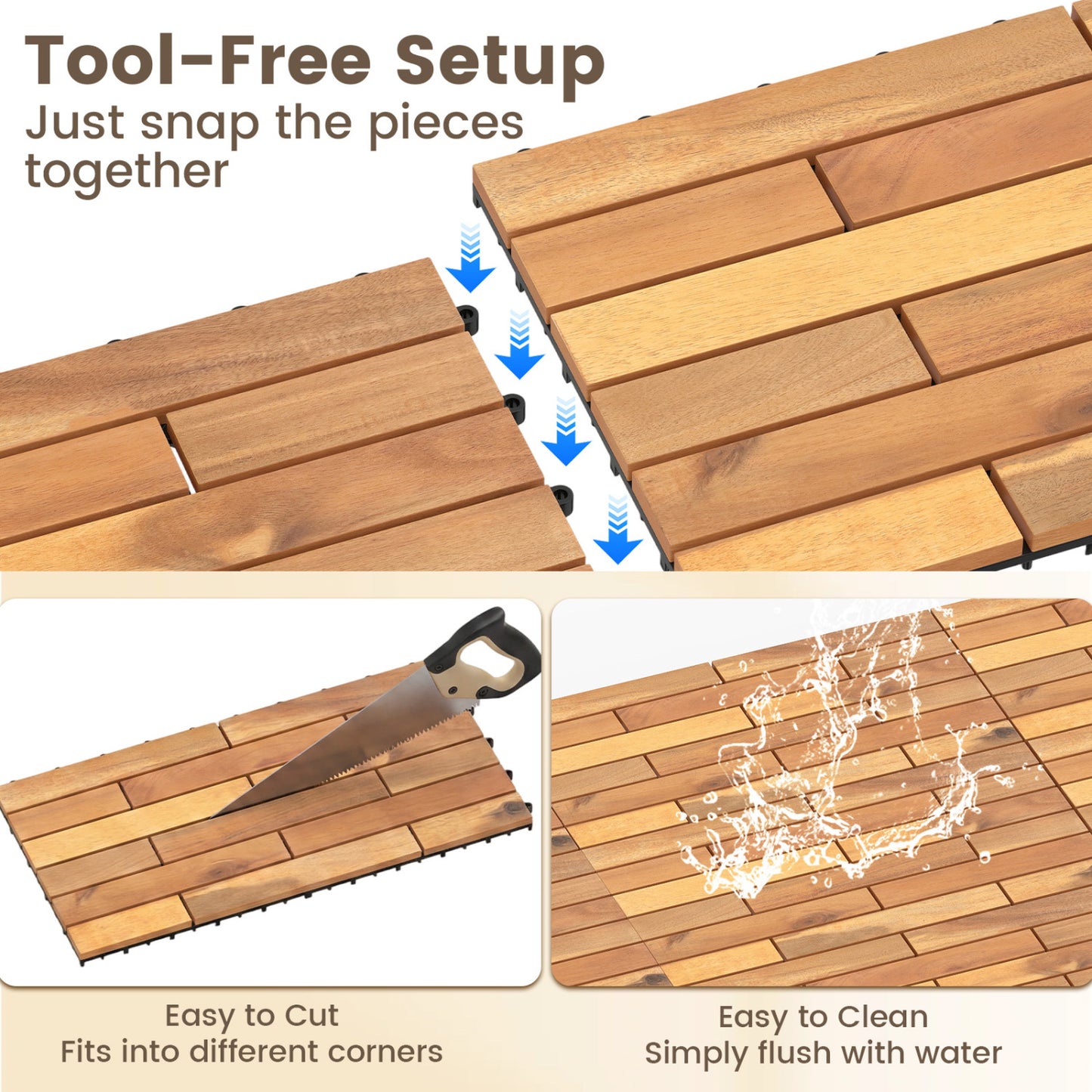 24 x 12 Inch 12 Pieces Acacia Wood Interlocking Deck Tiles with Waterproof Design, Natural Decorative Fencing & Flooring at Gallery Canada