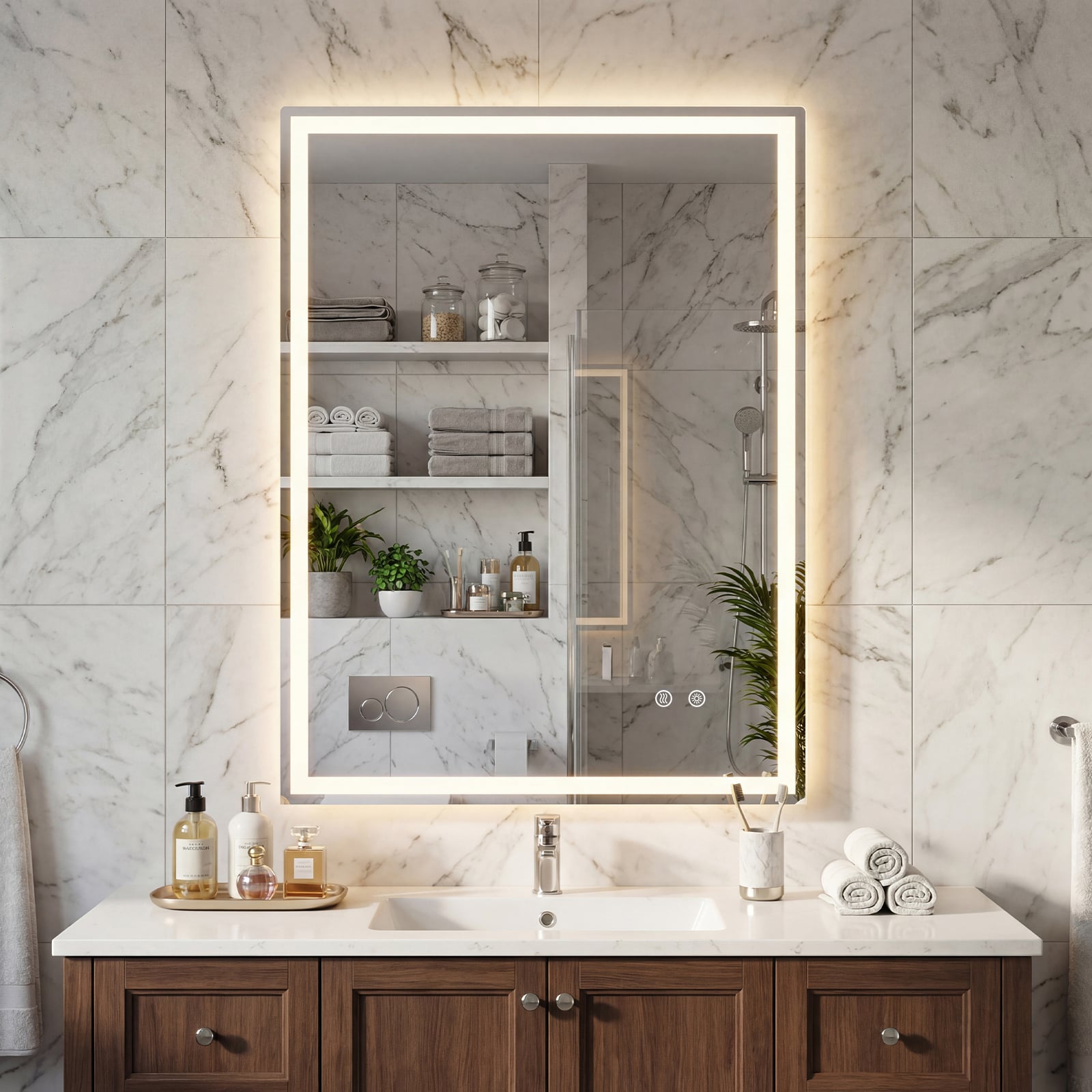 24 x 32 Inch LED Bathroom Mirror, Frontlit And Backlit, Silver Wall Mirrors Silver at Gallery Canada