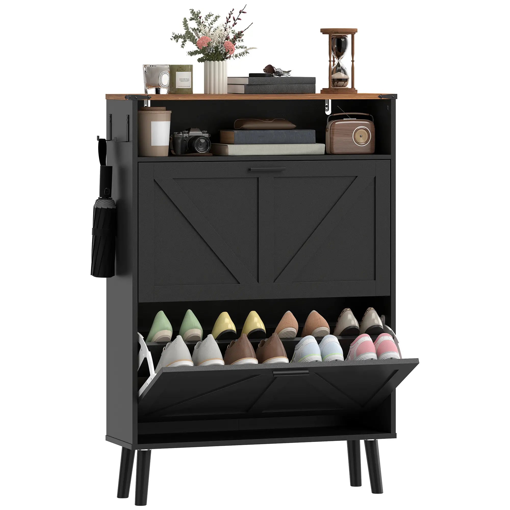 Shoe Storage Cabinet, 2 Flip Drawers, Farmhouse Narrow, Holds 16 Pairs, Black Shoe Storage Cabinets & Racks at Gallery Canada