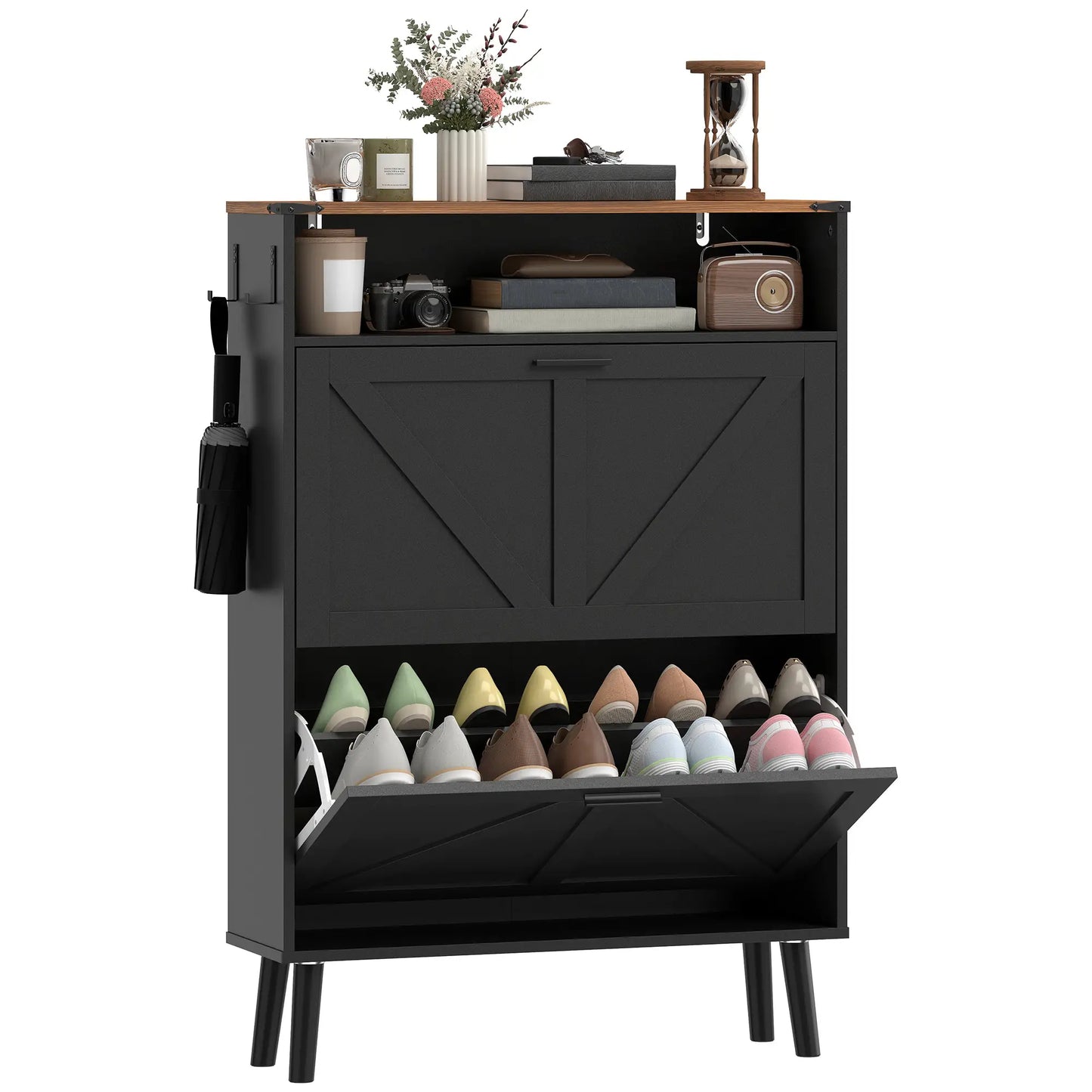 Shoe Storage Cabinet, 2 Flip Drawers, Farmhouse Narrow, Holds 16 Pairs, Black Shoe Storage Cabinets & Racks at Gallery Canada