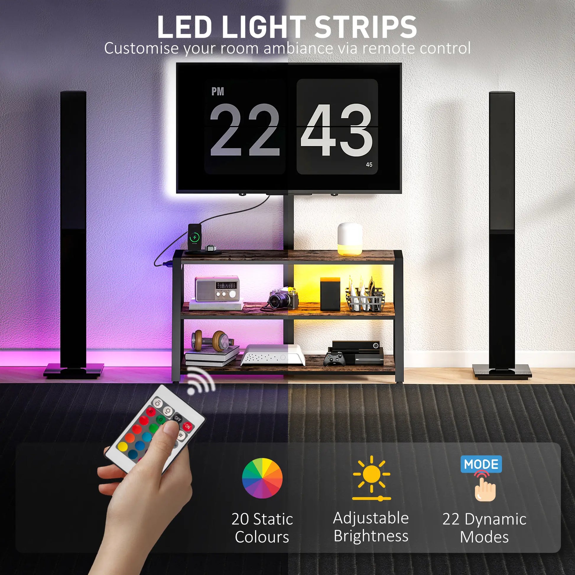 TV Stand with Mount, Power Outlet, LED Lights, for 32-70 Inch TVs TV Stands at Gallery Canada