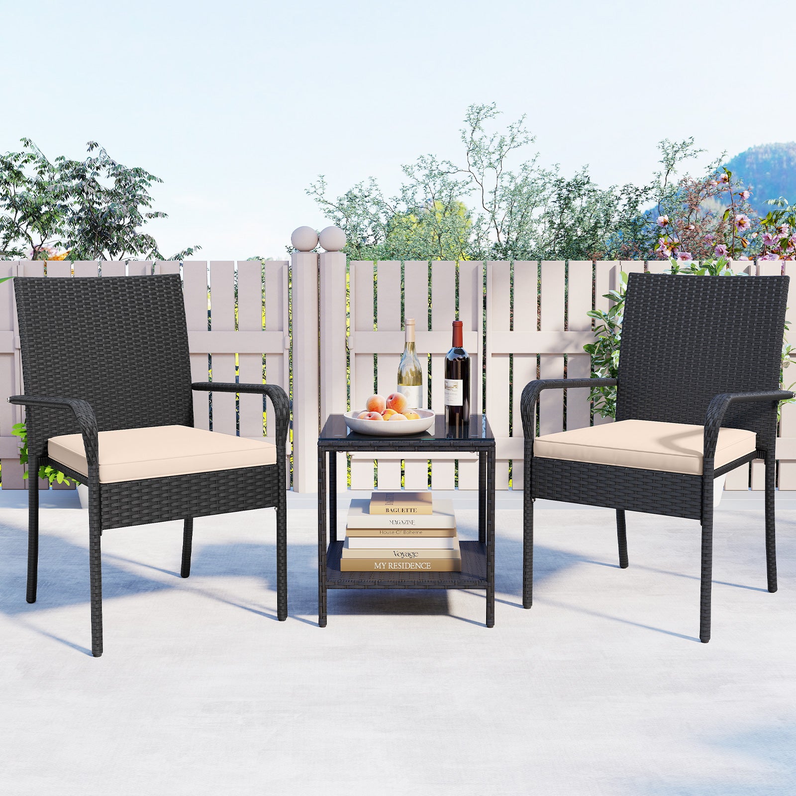 3 Piece Patio Furniture Set with Seat Cushions and Tempered Glass Tabletop, Beige Patio Conversation Sets at Gallery Canada