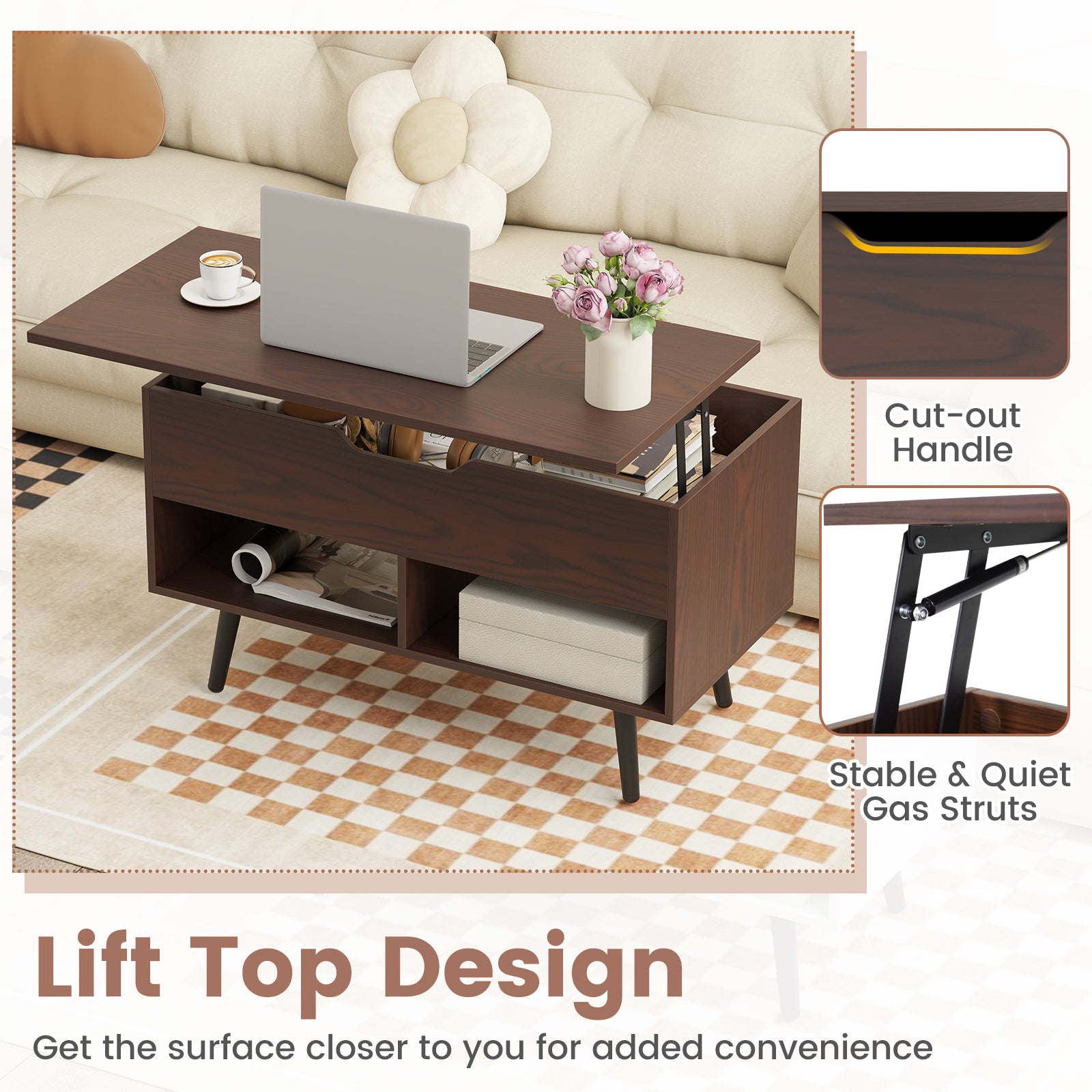 31.5 Inch Lift-Top Coffee Table with Hidden Storage and 2 Open Shelves, Brown Living Room at Gallery Canada