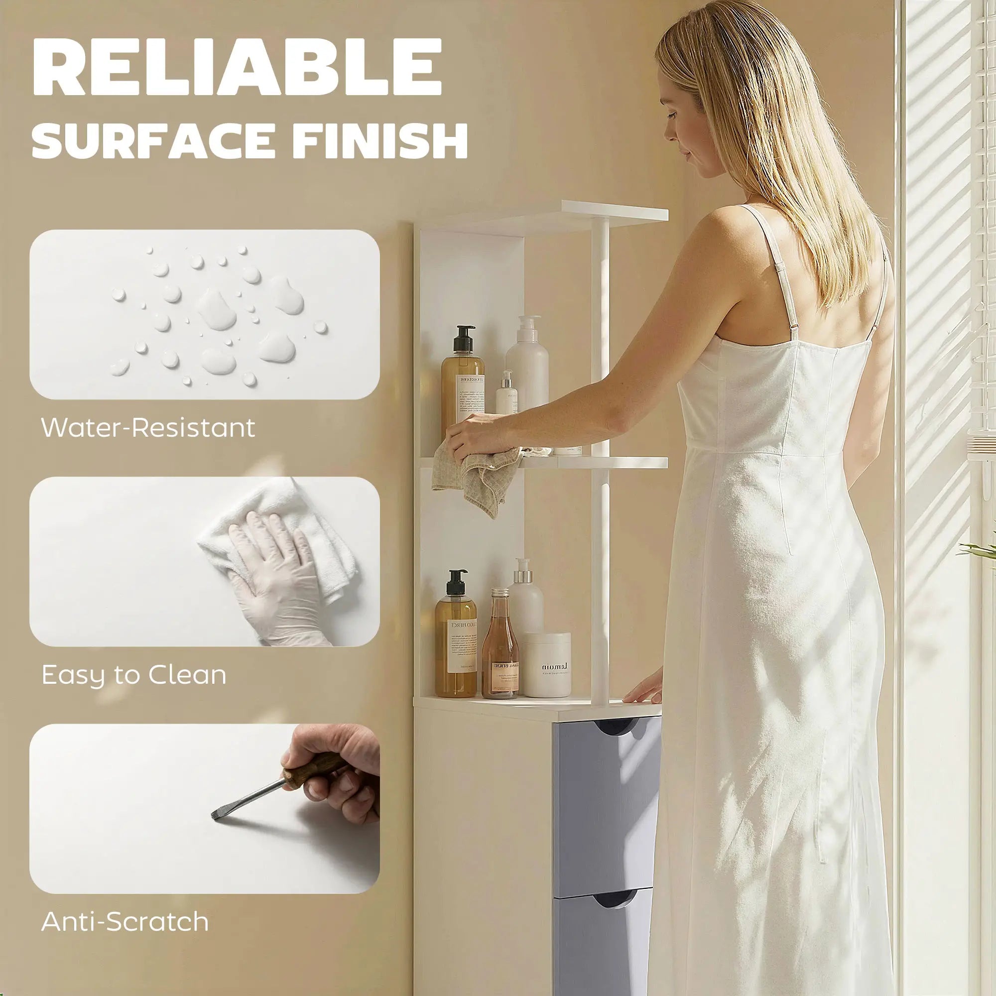 Tall Narrow Bathroom Storage Cabinet with Drawers, Open Shelves, White Grey Bathroom Cabinets at Gallery Canada