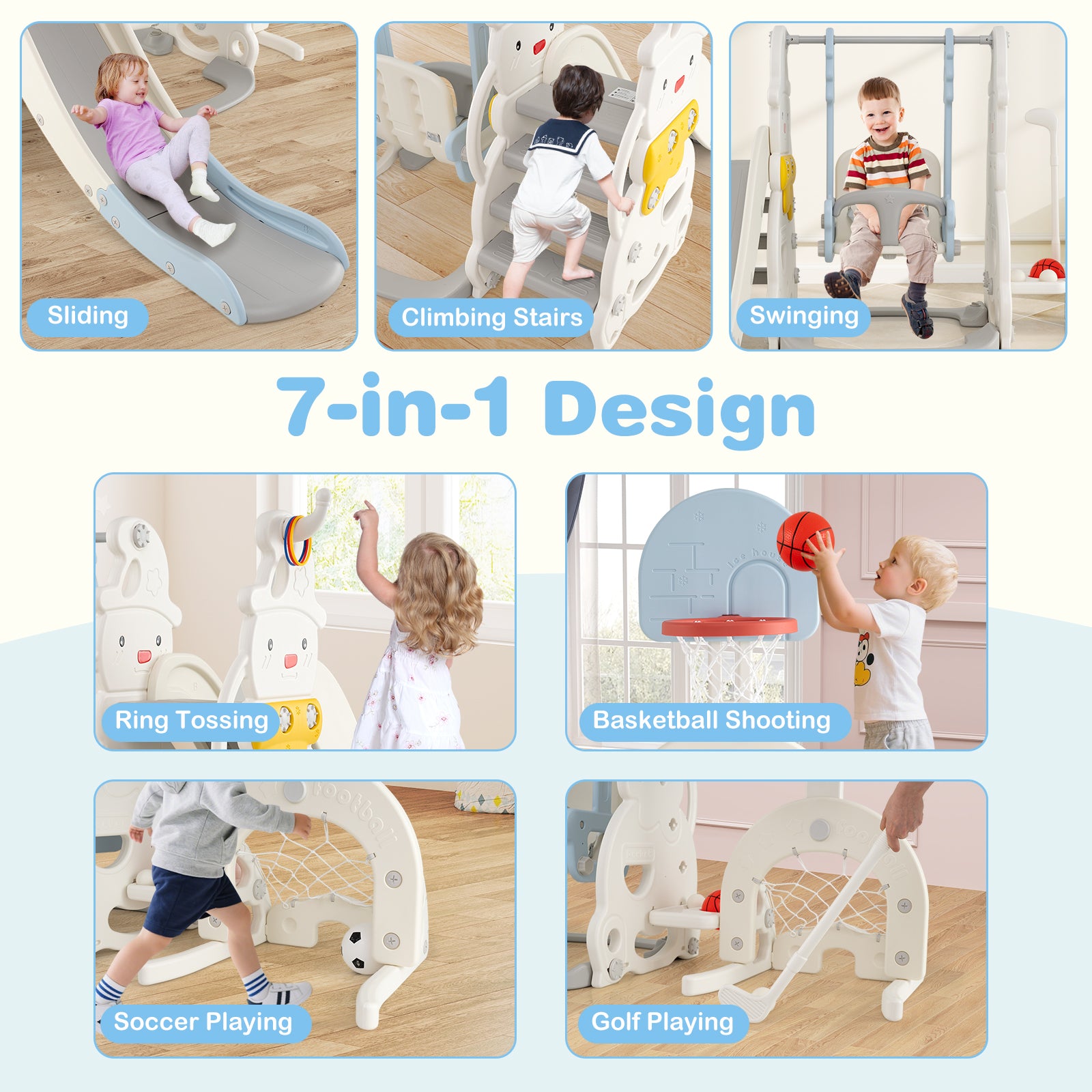 7 in 1 Toddler Slide and Swing Set with Height Adjustable Swing and Basketball Hoop, Multicolor Swing & Playsets at Gallery Canada