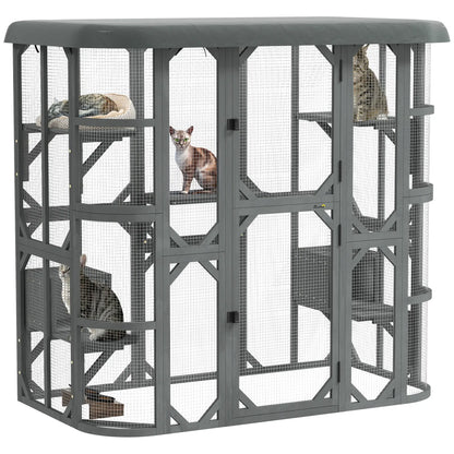 71" Wooden Cat Enclosure, With Platforms And Condos, Grey Outdoor Cat Enclosures at Gallery Canada