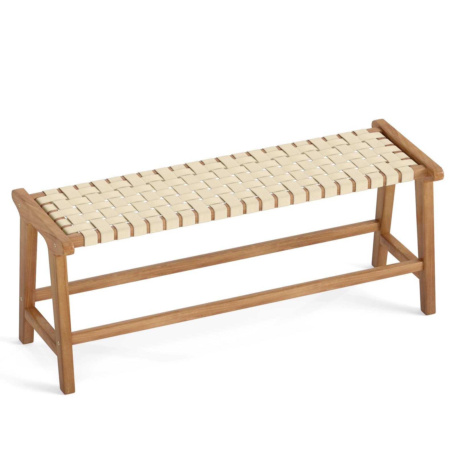 47 Inches Long Teak Wood Patio Bench with Weave Seat and Solid Wood Legs, Natural Dining Chairs Natural at Gallery Canada
