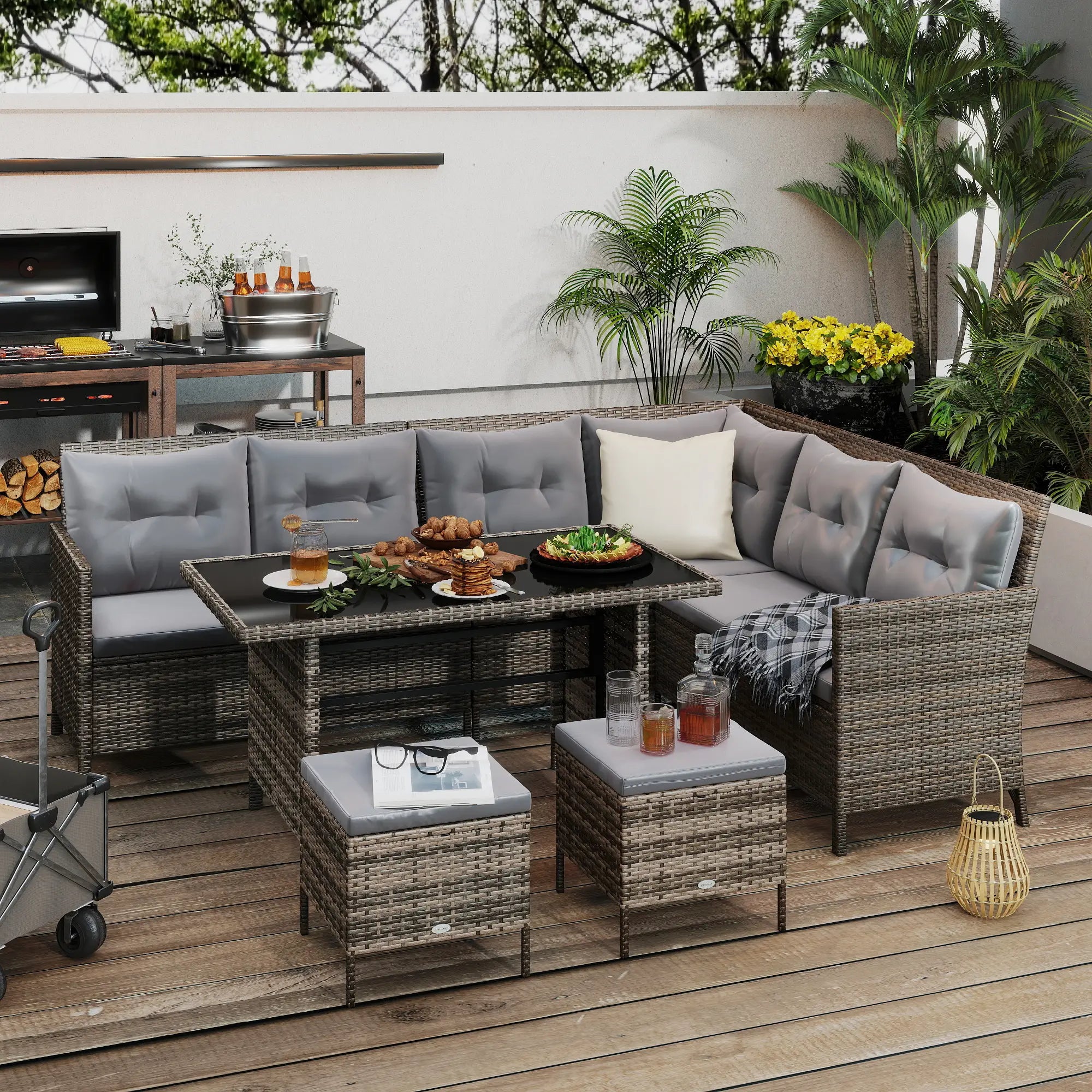 6pcs Outdoor Rattan Sofa Set, Wicker Sectional Couch, Dining Table, Dark Grey Patio Furniture Sets at Gallery Canada
