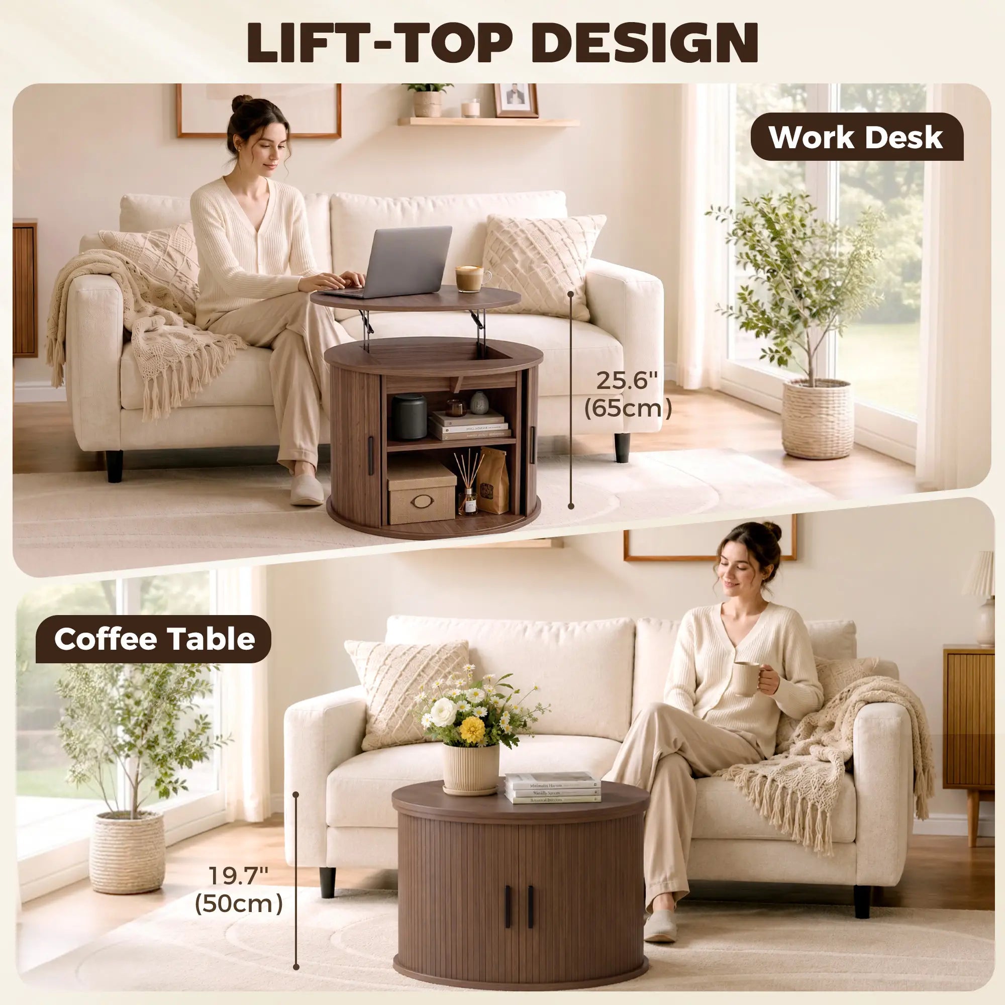 Lift Top Coffee Table, Round, Storage, Sliding Door, Walnut Brown Coffee Tables at Gallery Canada