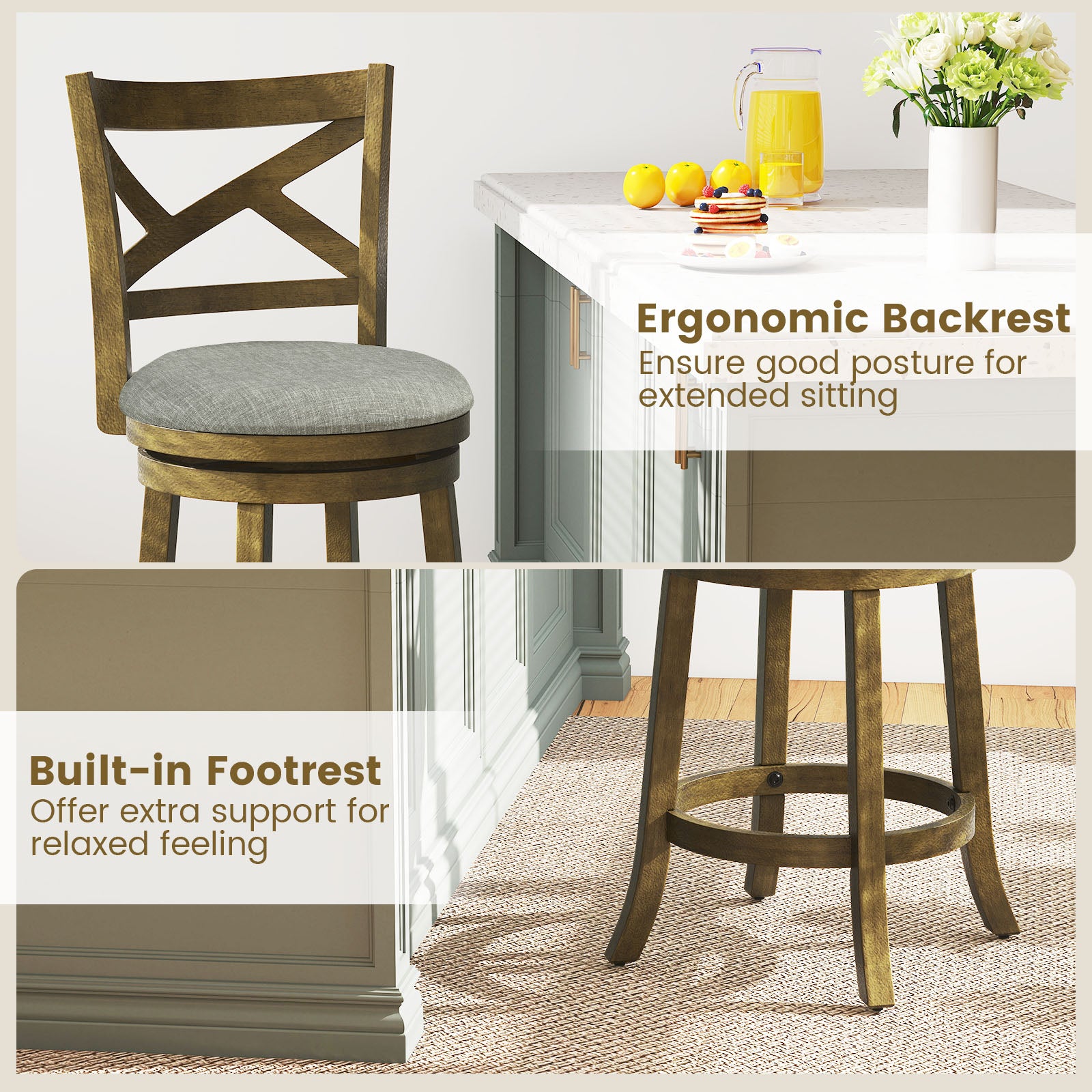 27 Inch Swivel Bar Stools, Set Of 2, Hollow Back, Soft-Padded Seat, Gray Bar Stools at Gallery Canada