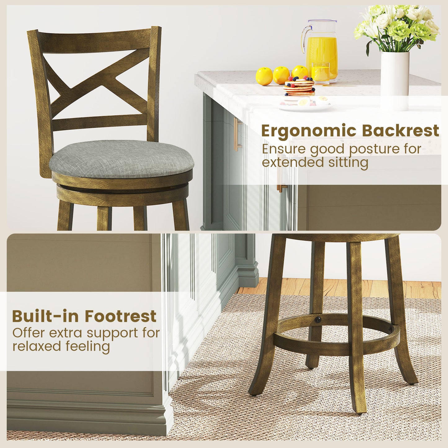 27 Inch Swivel Bar Stools, Set Of 2, Hollow Back, Soft-Padded Seat, Gray Bar Stools at Gallery Canada