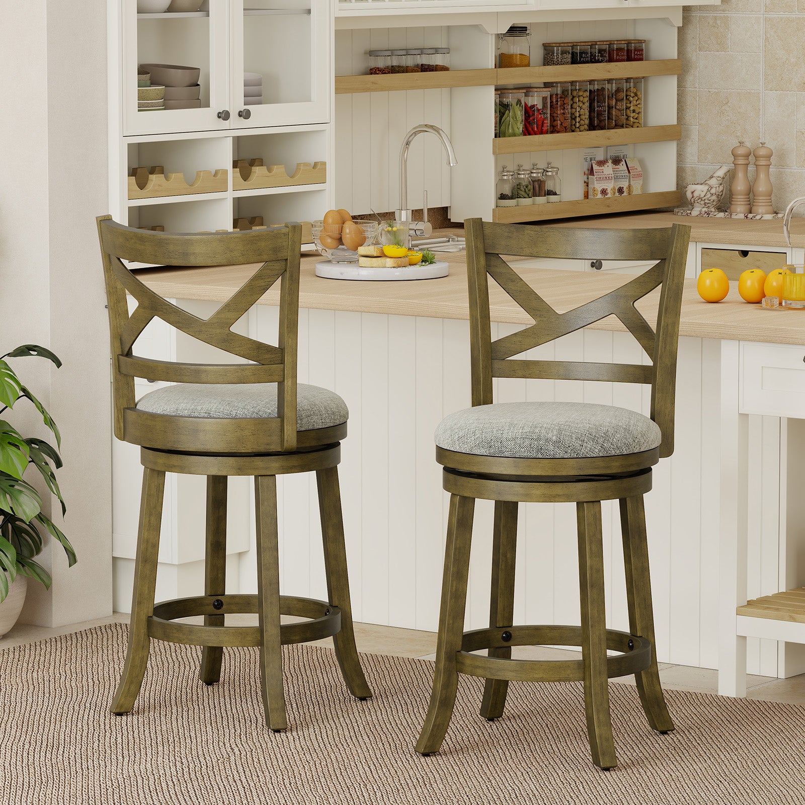 27 Inch Swivel Bar Stools, Set Of 2, Hollow Back, Soft-Padded Seat, Gray Bar Stools at Gallery Canada