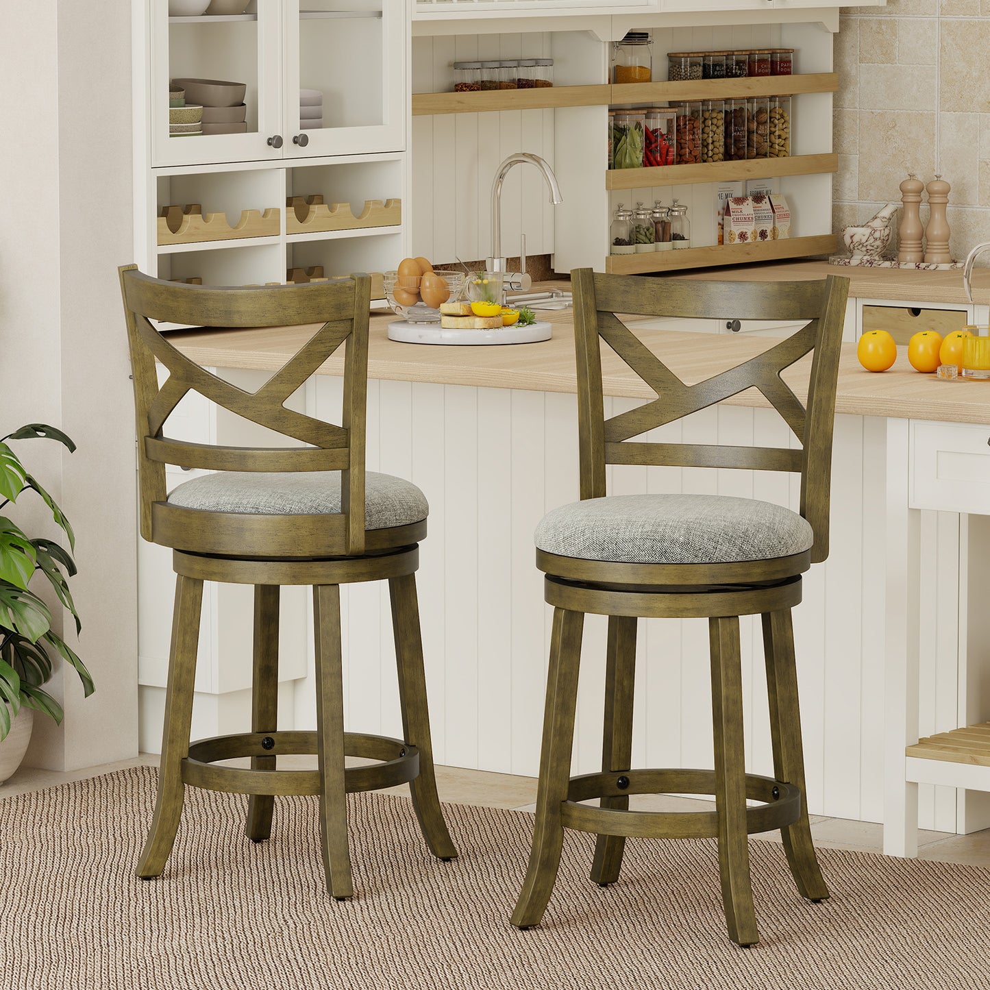 27 Inch Swivel Bar Stools, Set Of 2, Hollow Back, Soft-Padded Seat, Gray Bar Stools at Gallery Canada