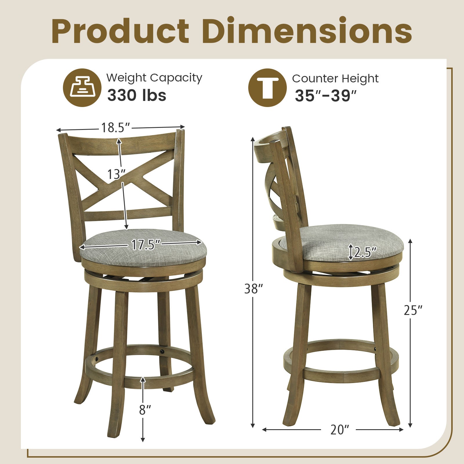 27 Inch Swivel Bar Stools, Set Of 2, Hollow Back, Soft-Padded Seat, Gray Bar Stools at Gallery Canada