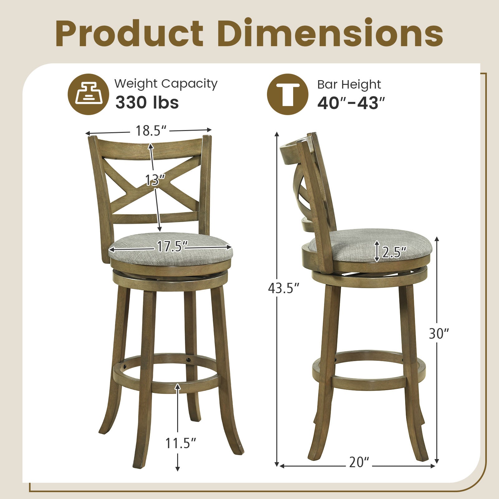 Swivel Bar Stools, Set of 2, 31 Inches, Gray Bar Stools at Gallery Canada