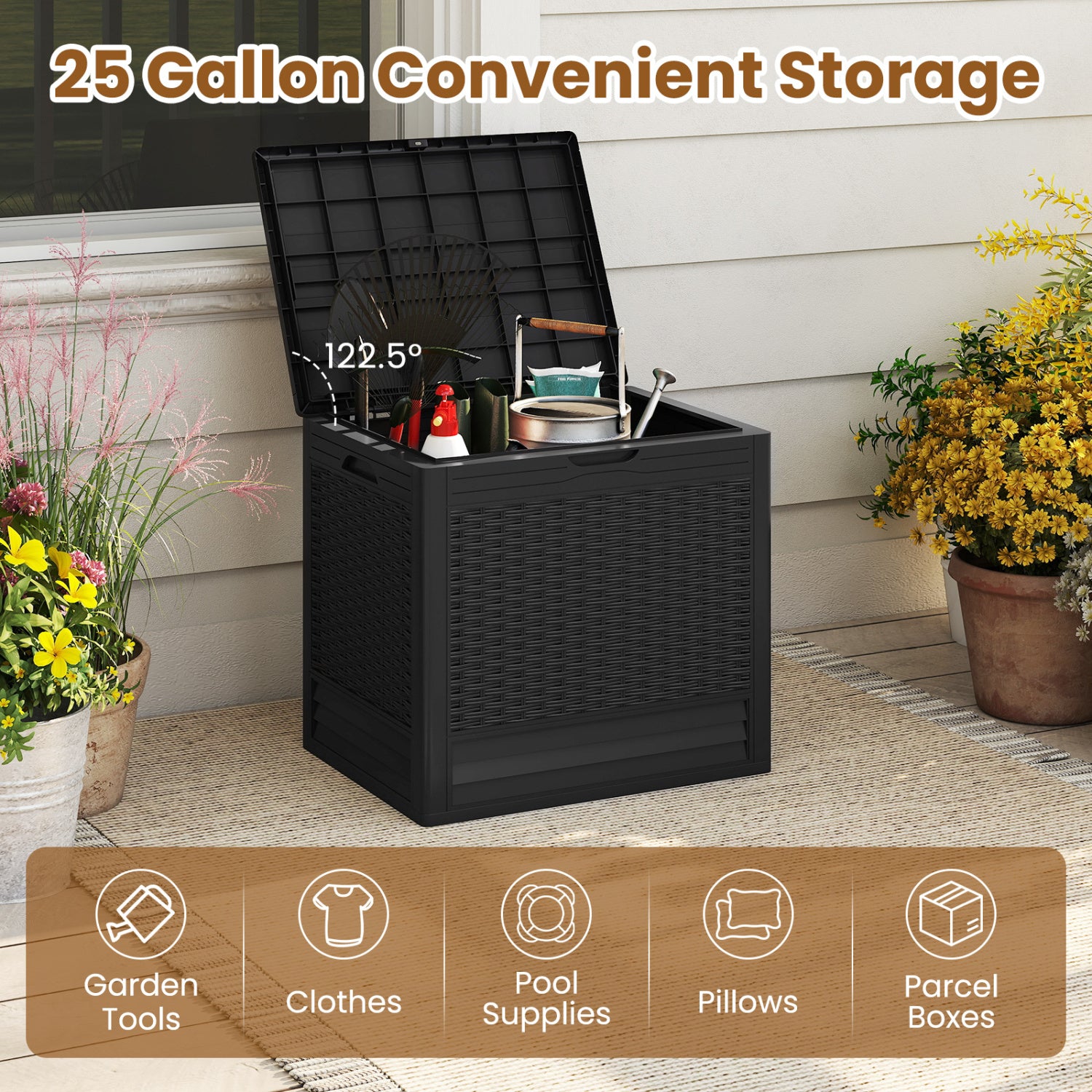 25 Gallon Outdoor Storage Box with Rattan Patterns, Black Sheds & Outdoor Storage at Gallery Canada