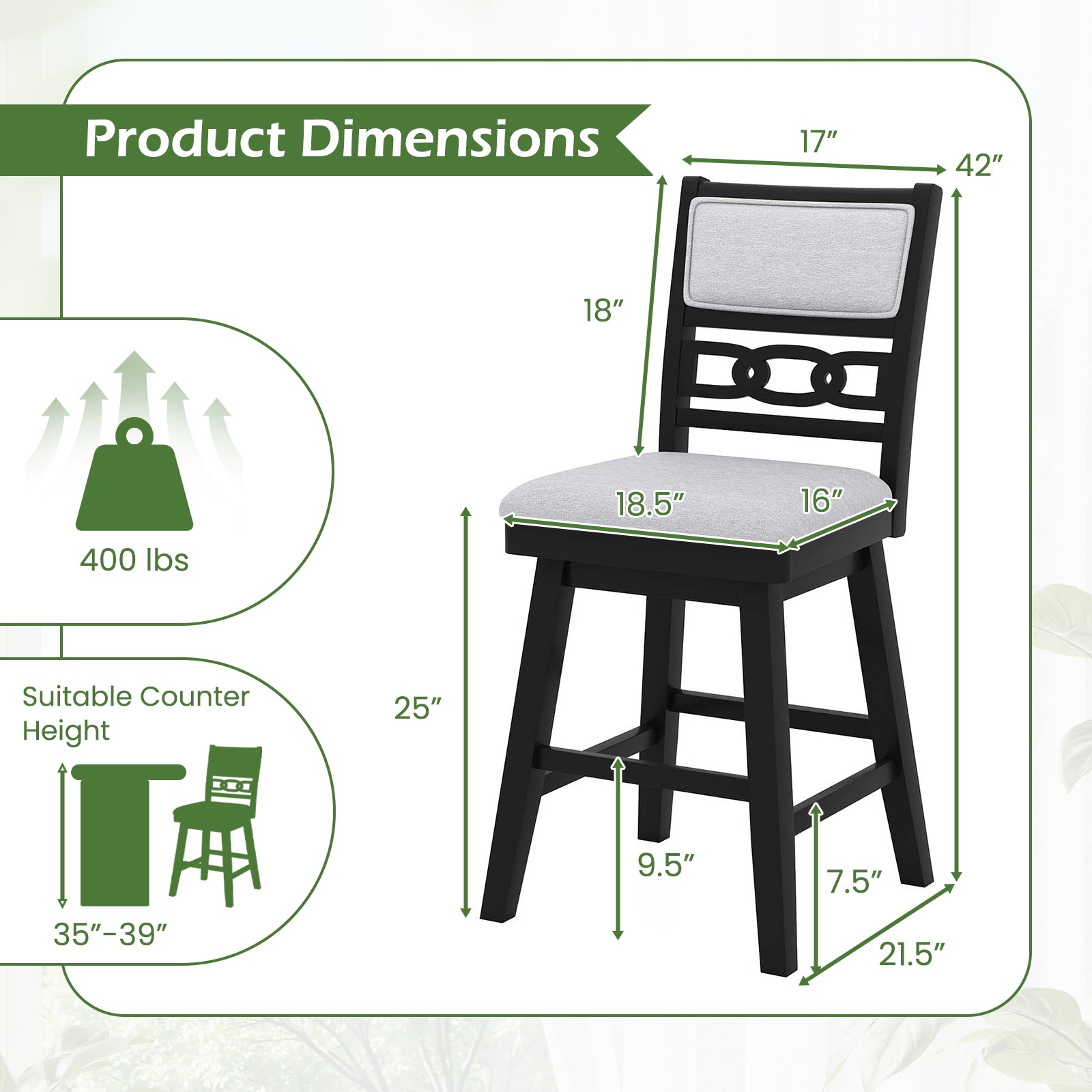 25 Inch Bar Stools Set of 2 with Upholstered Backrest and 360° Rotation Seat, Black Bar Stools at Gallery Canada