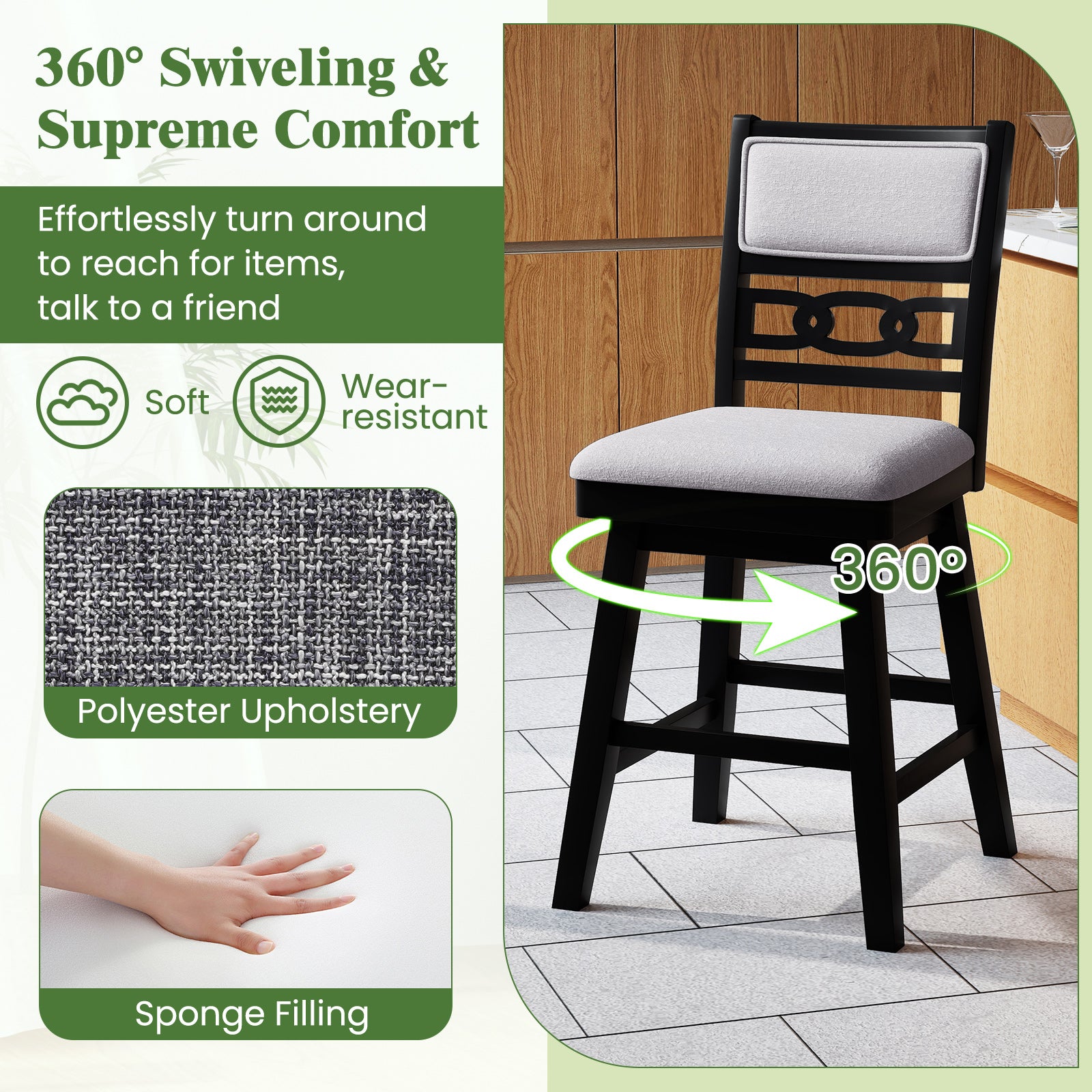 25 Inch Bar Stools Set of 2 with Upholstered Backrest and 360° Rotation Seat, Black Bar Stools at Gallery Canada