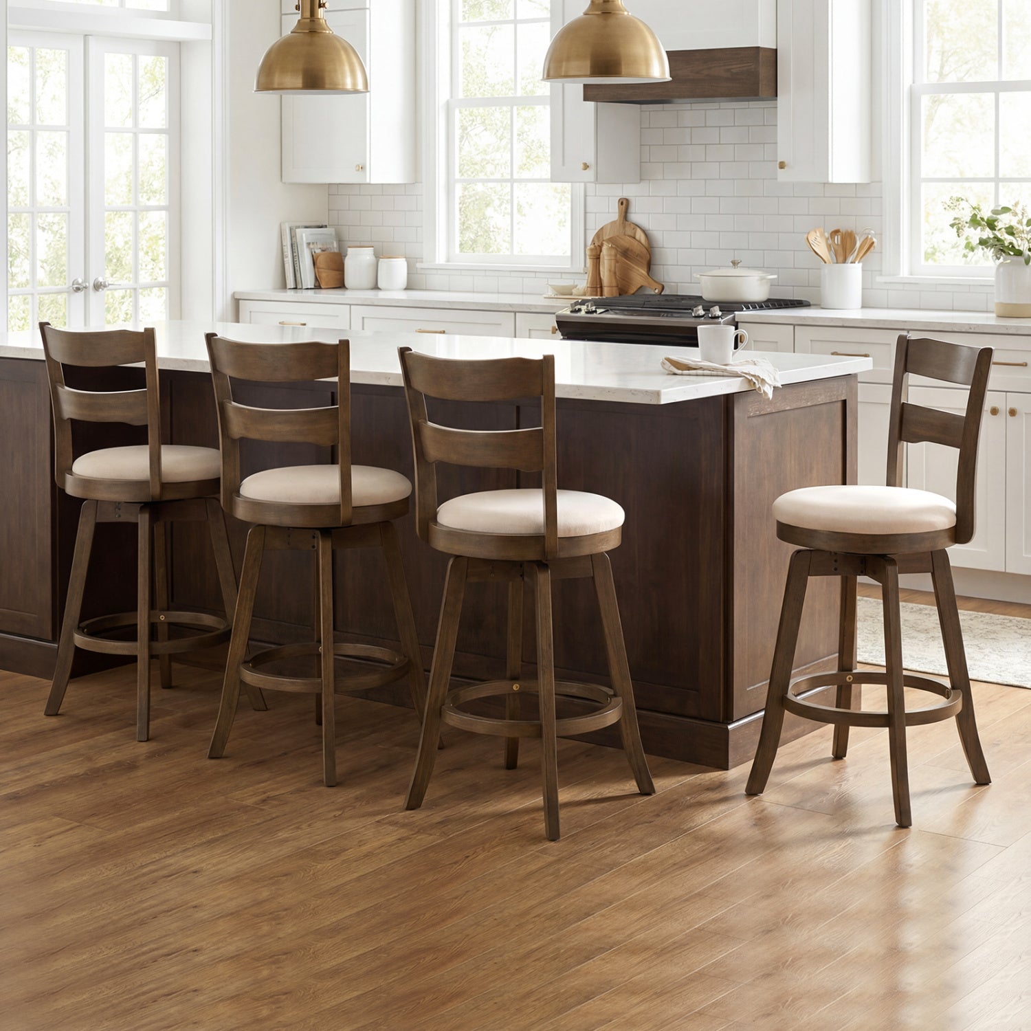 25 Inch Swivel Counter Barstools with Backrest & Upholstered Seat-Set of 4, Taupe Bar Stools at Gallery Canada