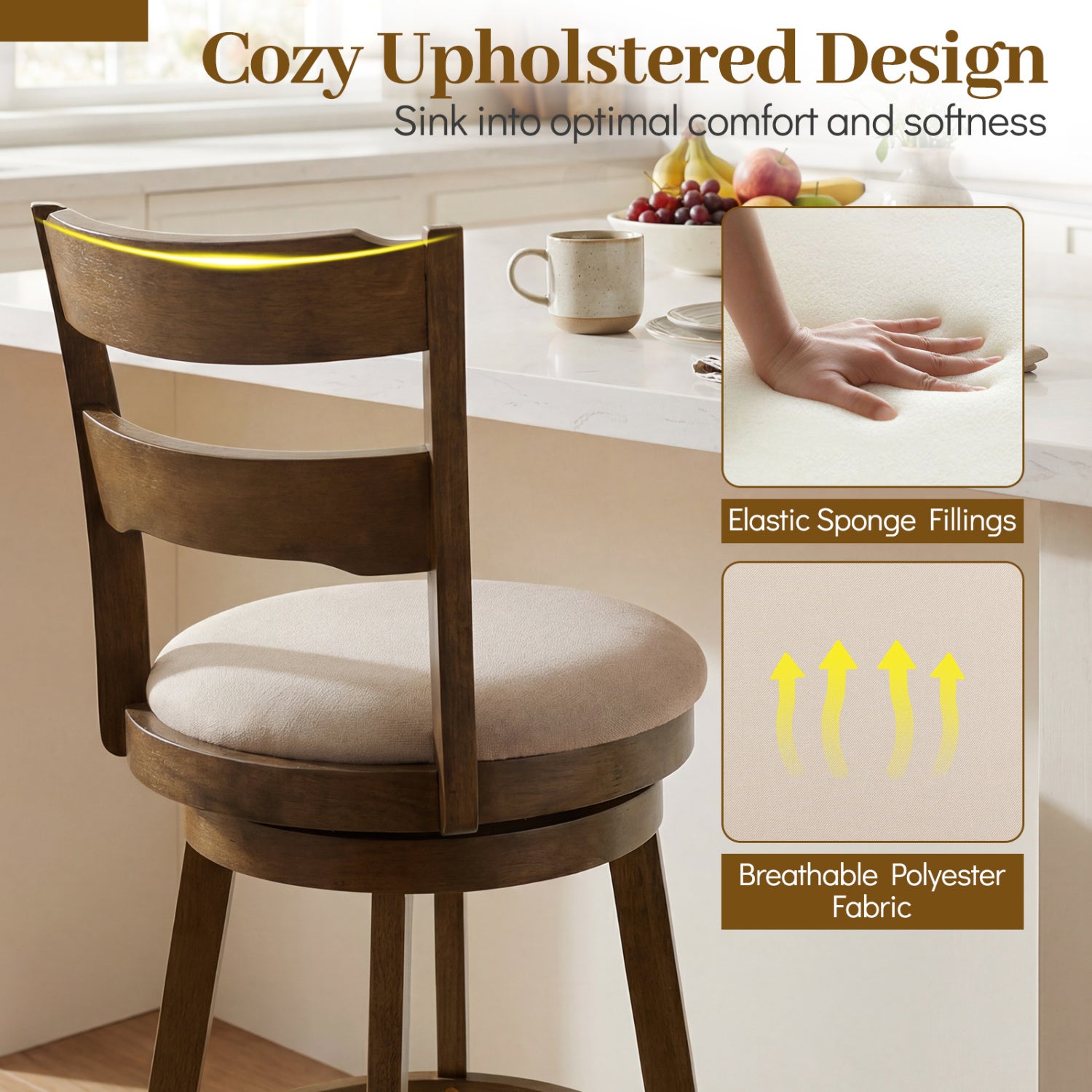 25 Inch Swivel Counter Barstools with Backrest & Upholstered Seat-Set of 4, Taupe Bar Stools at Gallery Canada