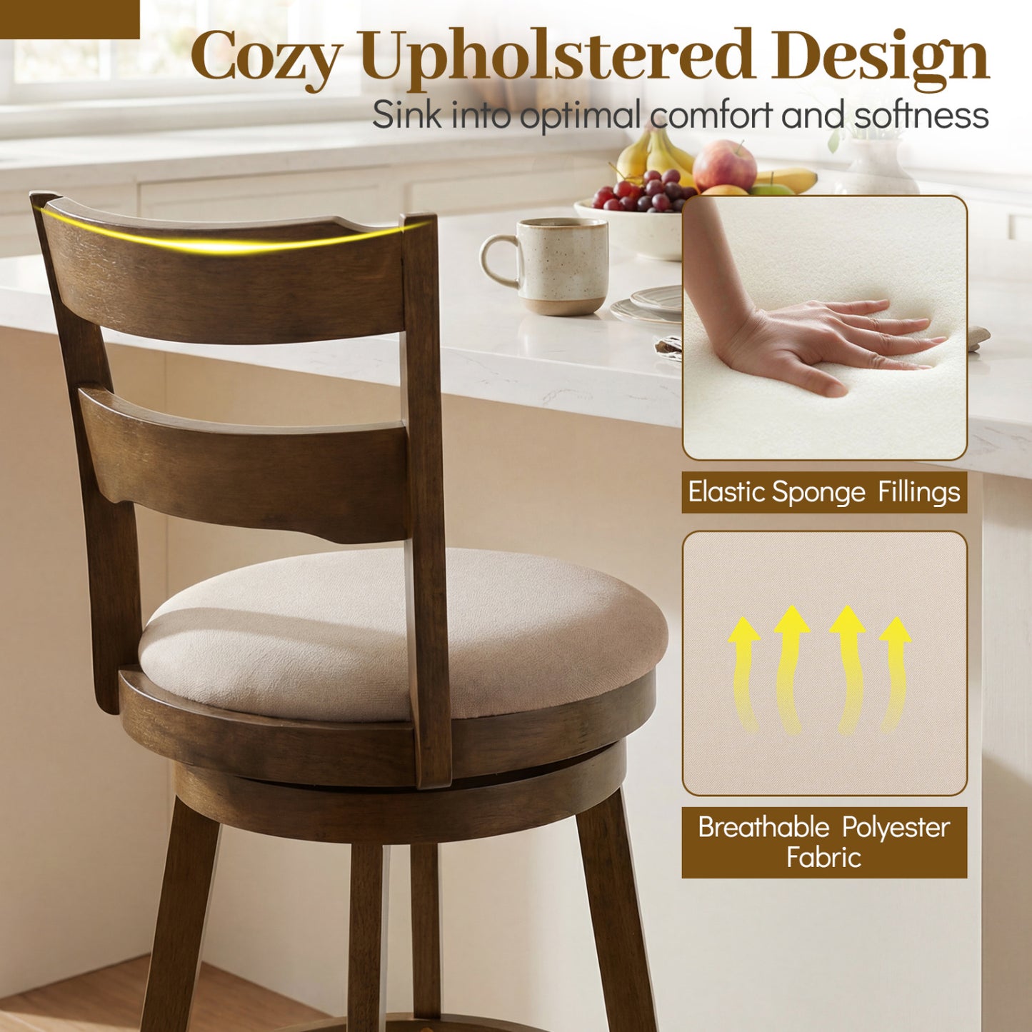 25 Inch Swivel Counter Barstools with Backrest & Upholstered Seat-Set of 4, Taupe Bar Stools at Gallery Canada