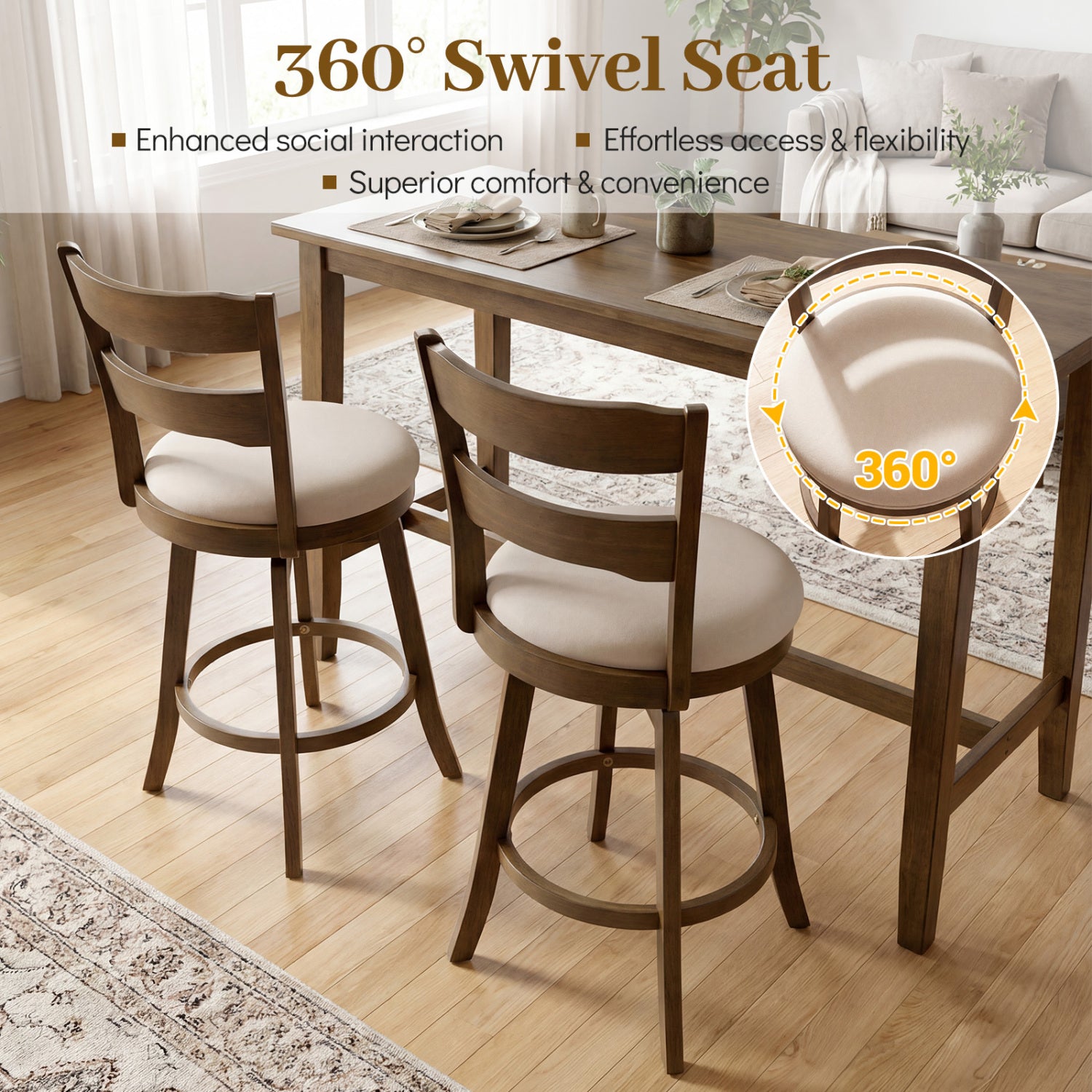 25 Inch Swivel Counter Barstools with Backrest & Upholstered Seat-Set of 4, Taupe Bar Stools at Gallery Canada