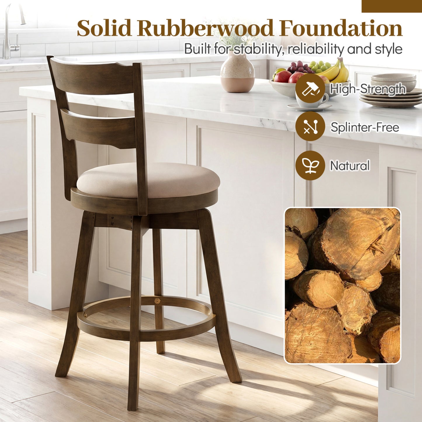 25 Inch Swivel Counter Barstools with Backrest & Upholstered Seat-Set of 4, Taupe Bar Stools at Gallery Canada
